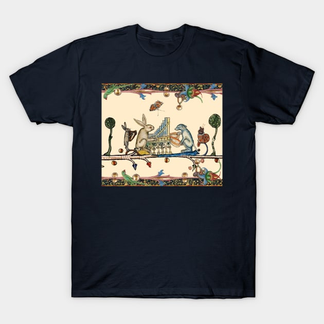 WEIRD MEDIEVAL BESTIARY MAKING MUSIC,White Rabbit And Dog Playing Organ, Harpist Hare, Snail Cat T-Shirt by BulganLumini